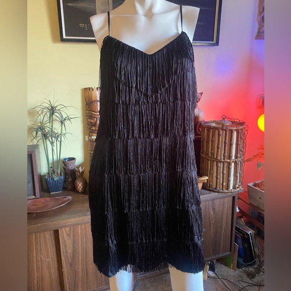 Ladies black fringe wiggle flapper go-go dress shift dance mod 30’s retro fab - Picture 1 of 3